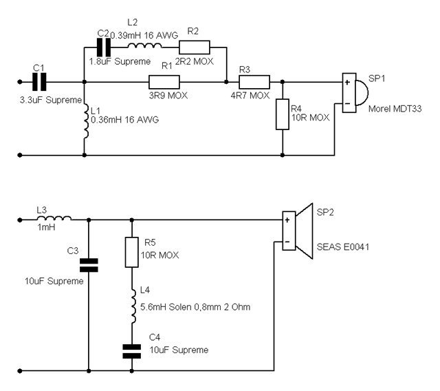 Схема двухполосного кроссовера для акустики